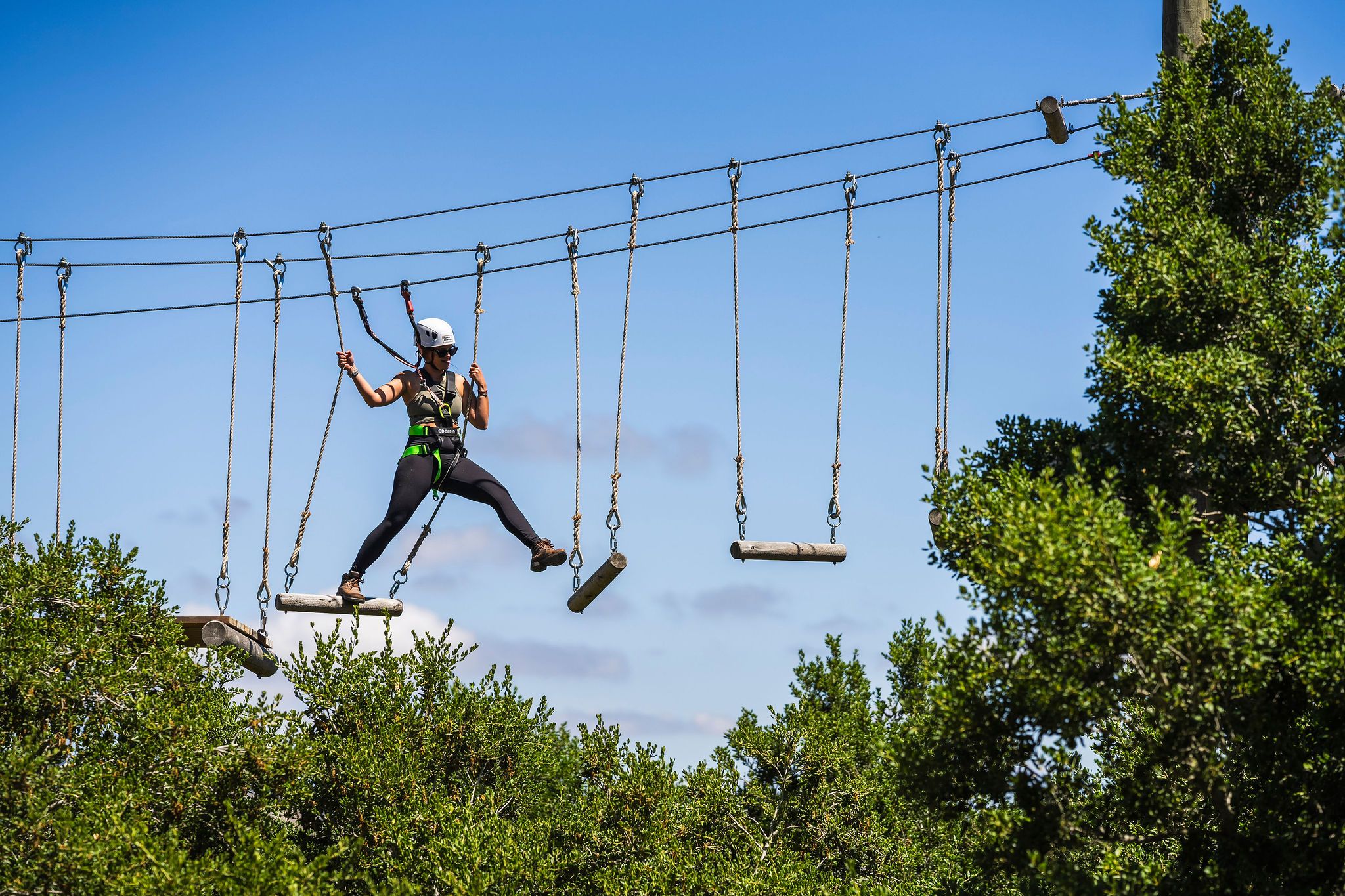The Adventure Course ropes and obstacles set among the treetops at Highline Adventures.