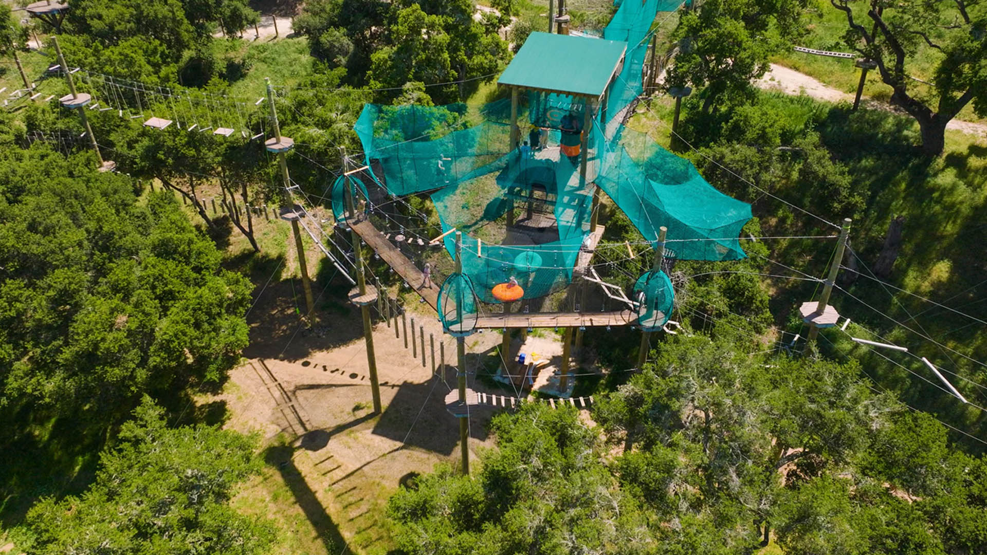 Aerial view of the Skynet suspended net playground above the treetops at Highline Adventures.